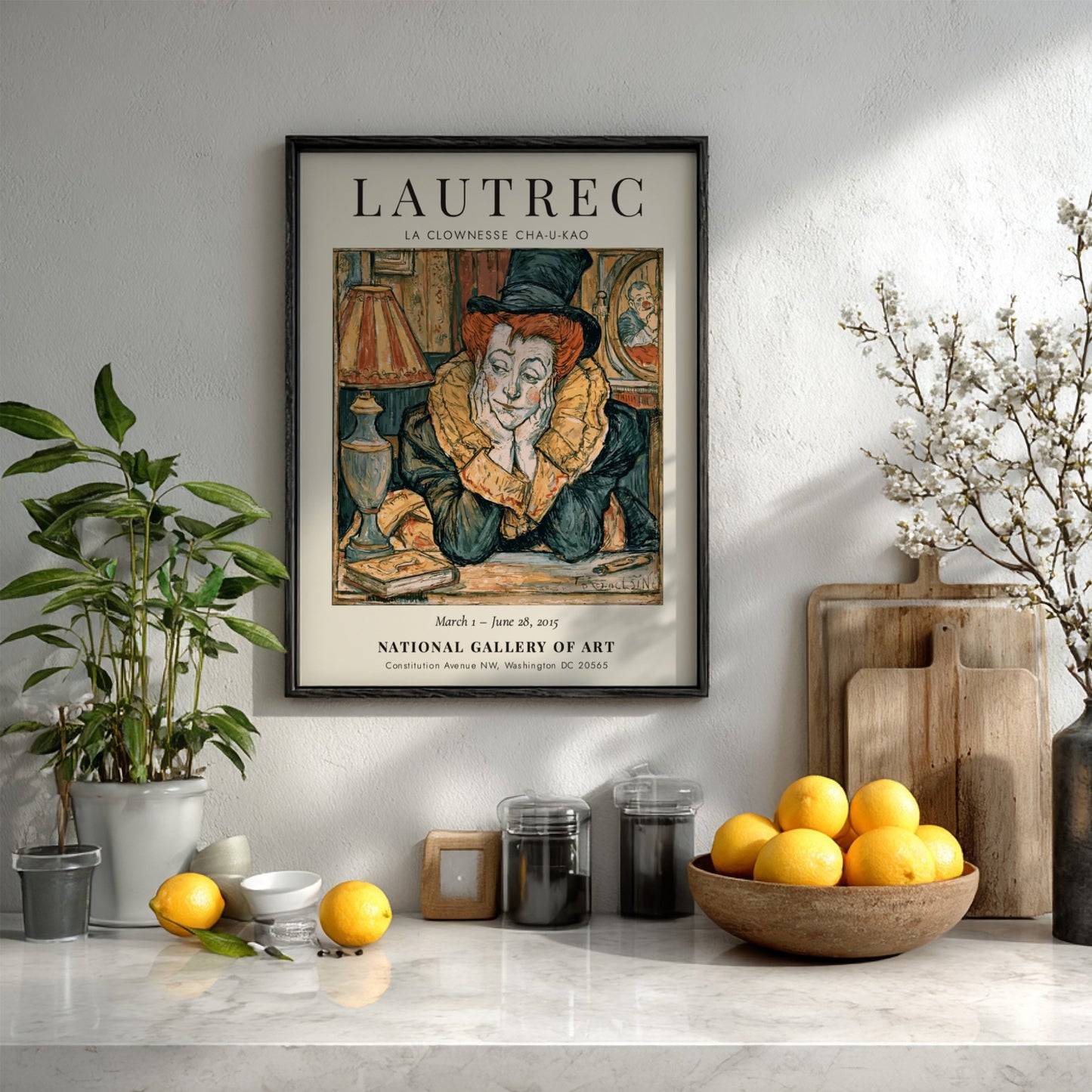 Toulouse-Lautrec poster featuring La Clownesse Cha-U-Kao with vibrant reds and expressive lines