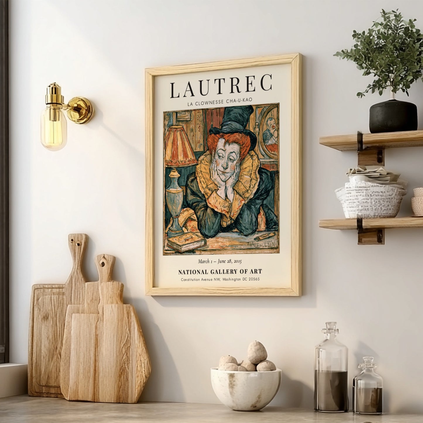 Toulouse-Lautrec poster featuring La Clownesse Cha-U-Kao with vibrant reds and expressive lines