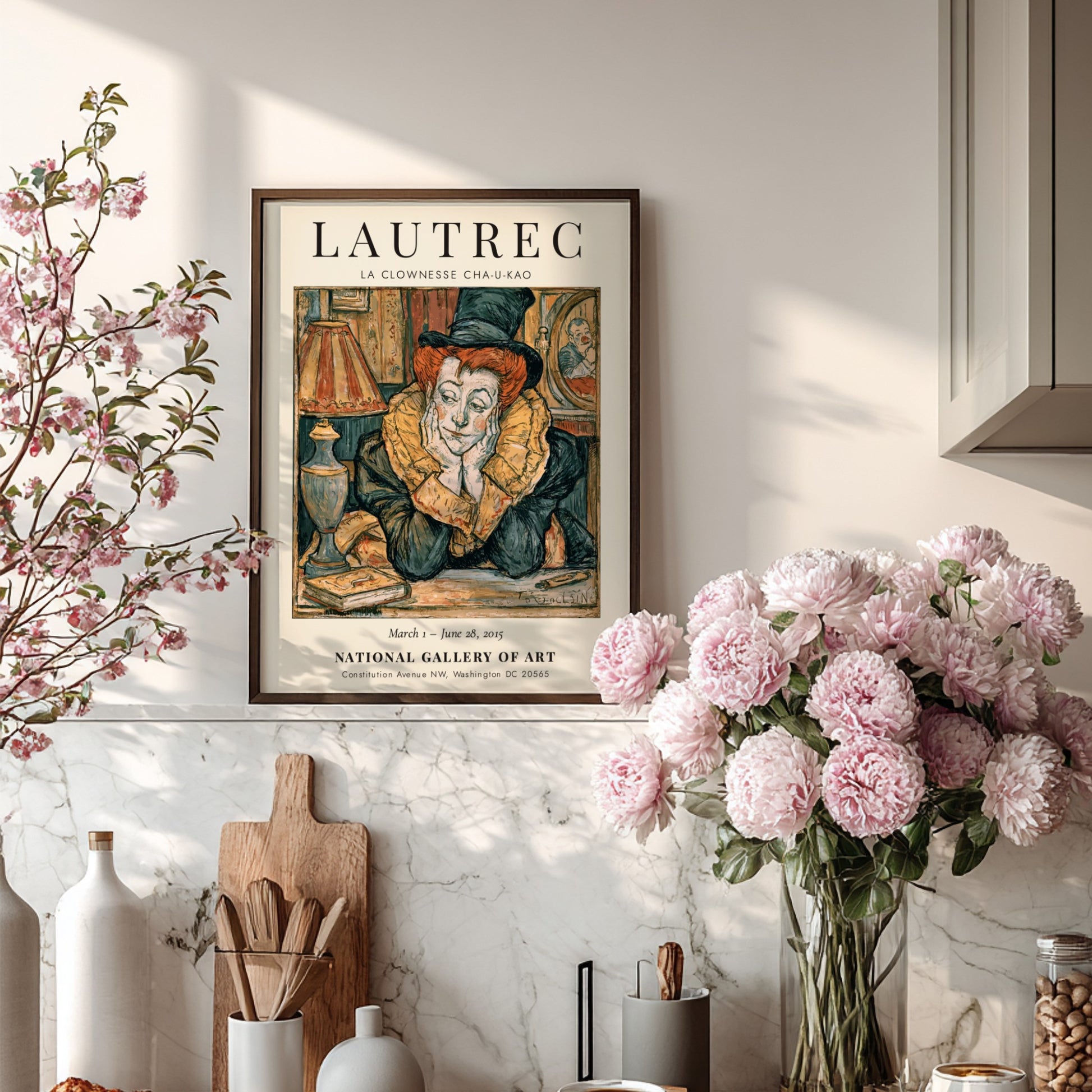 Toulouse-Lautrec poster featuring La Clownesse Cha-U-Kao with vibrant reds and expressive lines
