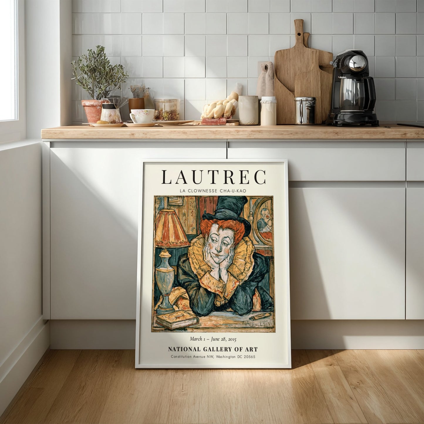 Toulouse-Lautrec poster featuring La Clownesse Cha-U-Kao with vibrant reds and expressive lines