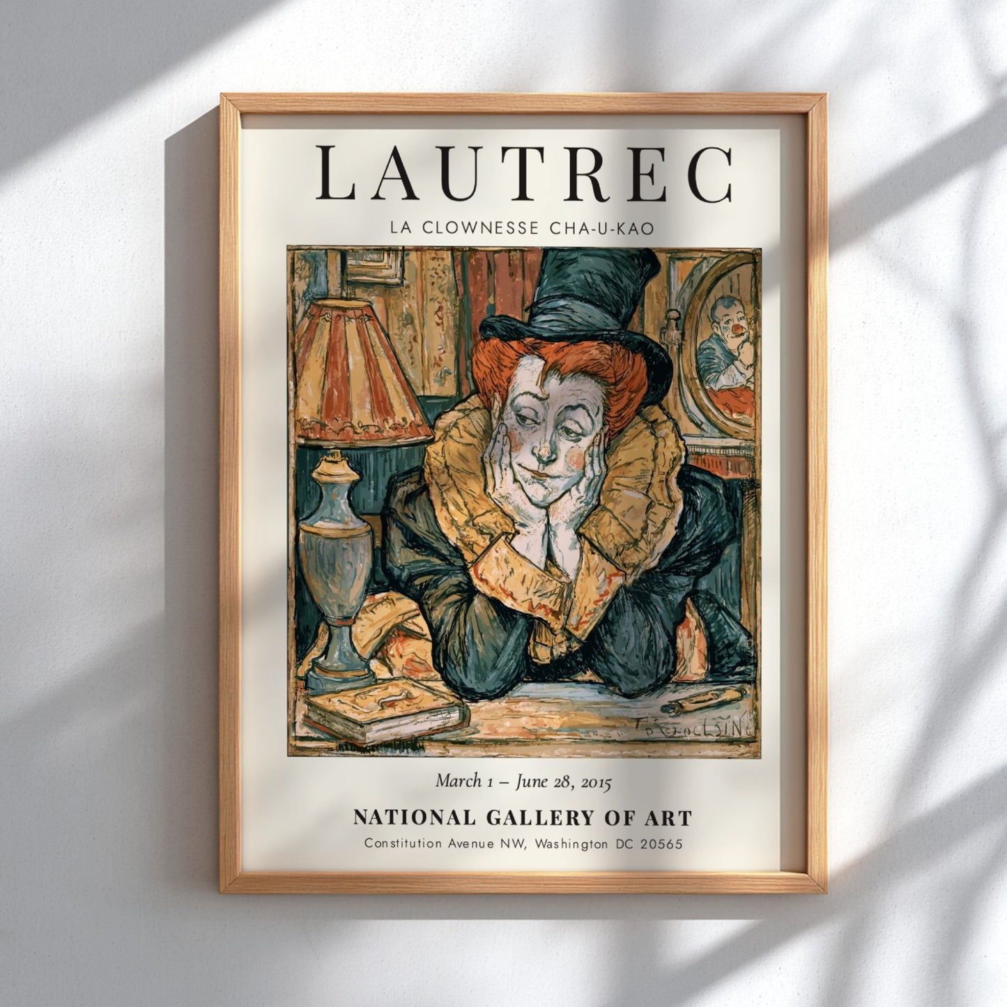 Toulouse-Lautrec poster featuring La Clownesse Cha-U-Kao with vibrant reds and expressive lines