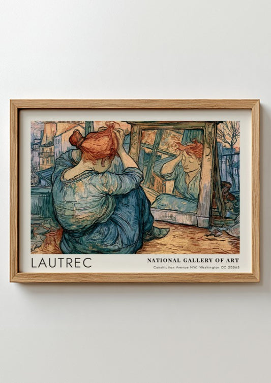 Wall art poster featuring Lautrec La Clownesse Cha-U-Kao portrait in blue and orange hues.