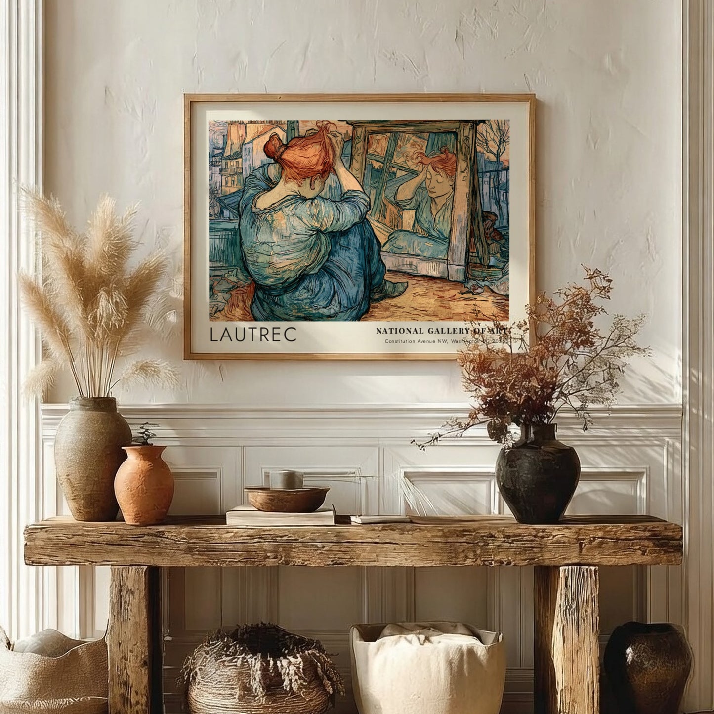 Wall art poster featuring Lautrec La Clownesse Cha-U-Kao portrait in blue and orange hues.