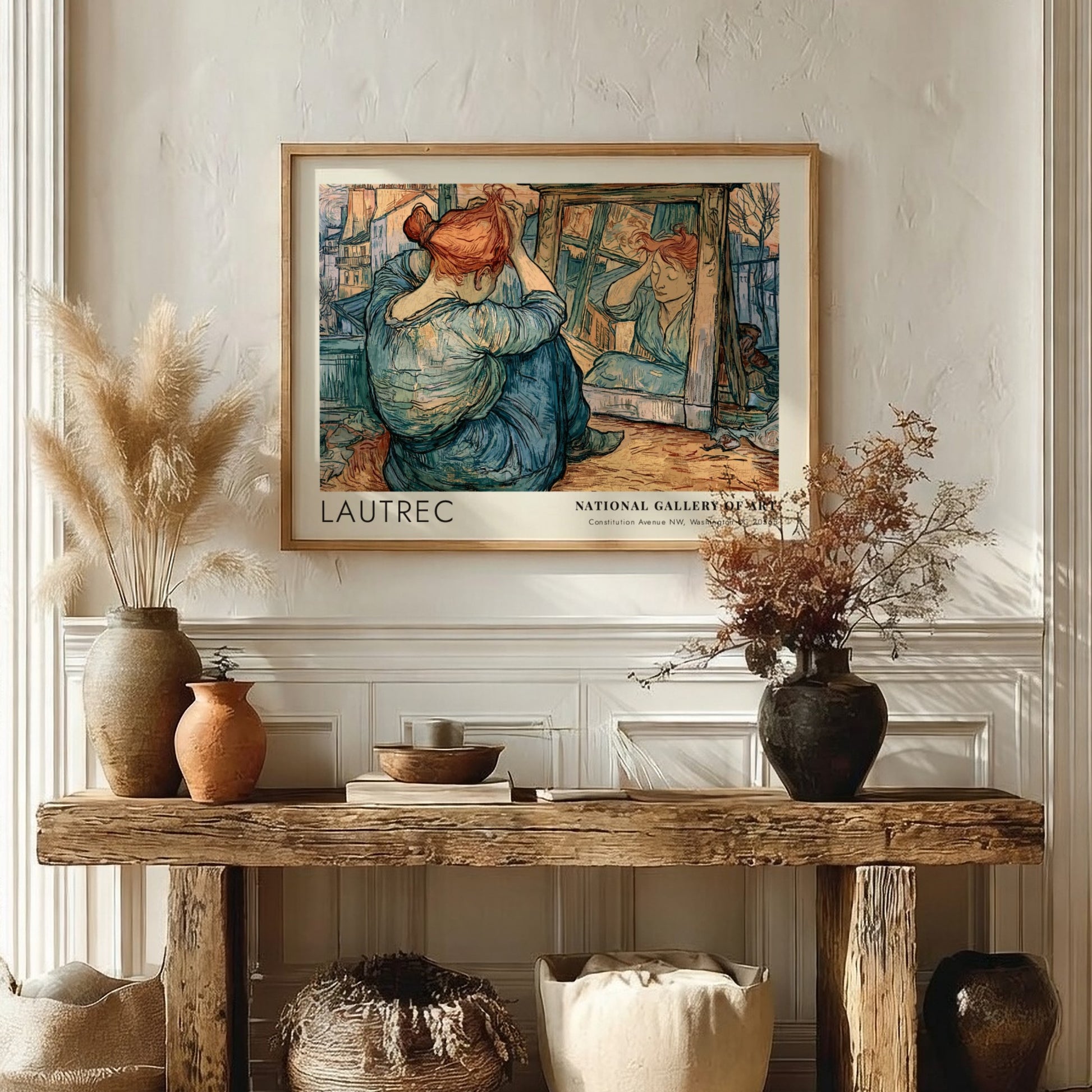 Wall art poster featuring Lautrec La Clownesse Cha-U-Kao portrait in blue and orange hues.
