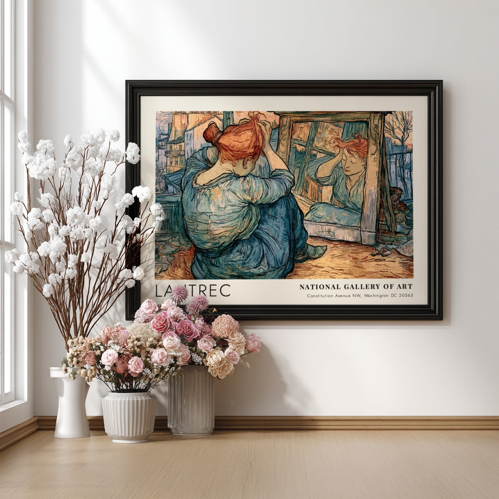Wall art poster featuring Lautrec La Clownesse Cha-U-Kao portrait in blue and orange hues.