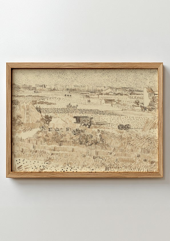 Vincent van Gogh's La Crau from Montmajour drawing, a sepia sketch of a rural landscape with farmhouses and
