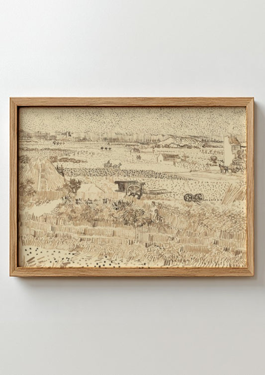Vincent van Gogh's La Crau from Montmajour drawing, a sepia sketch of a rural landscape with farmhouses and