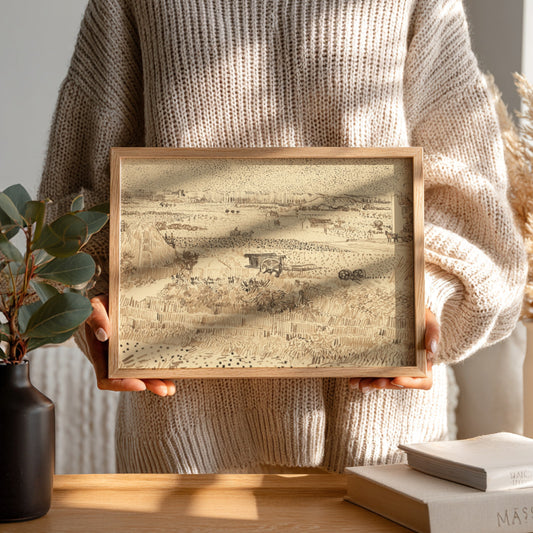 Vincent van Gogh's La Crau from Montmajour drawing, a sepia sketch of a rural landscape with farmhouses and