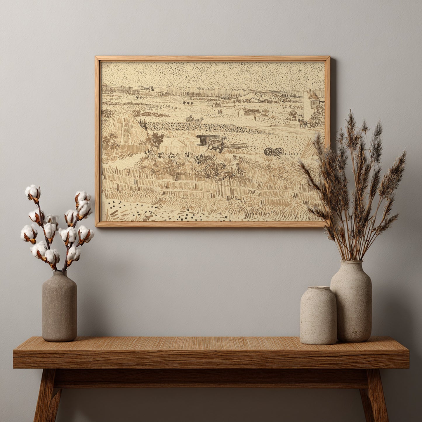 Vincent van Gogh's La Crau from Montmajour drawing, a sepia sketch of a rural landscape with farmhouses and