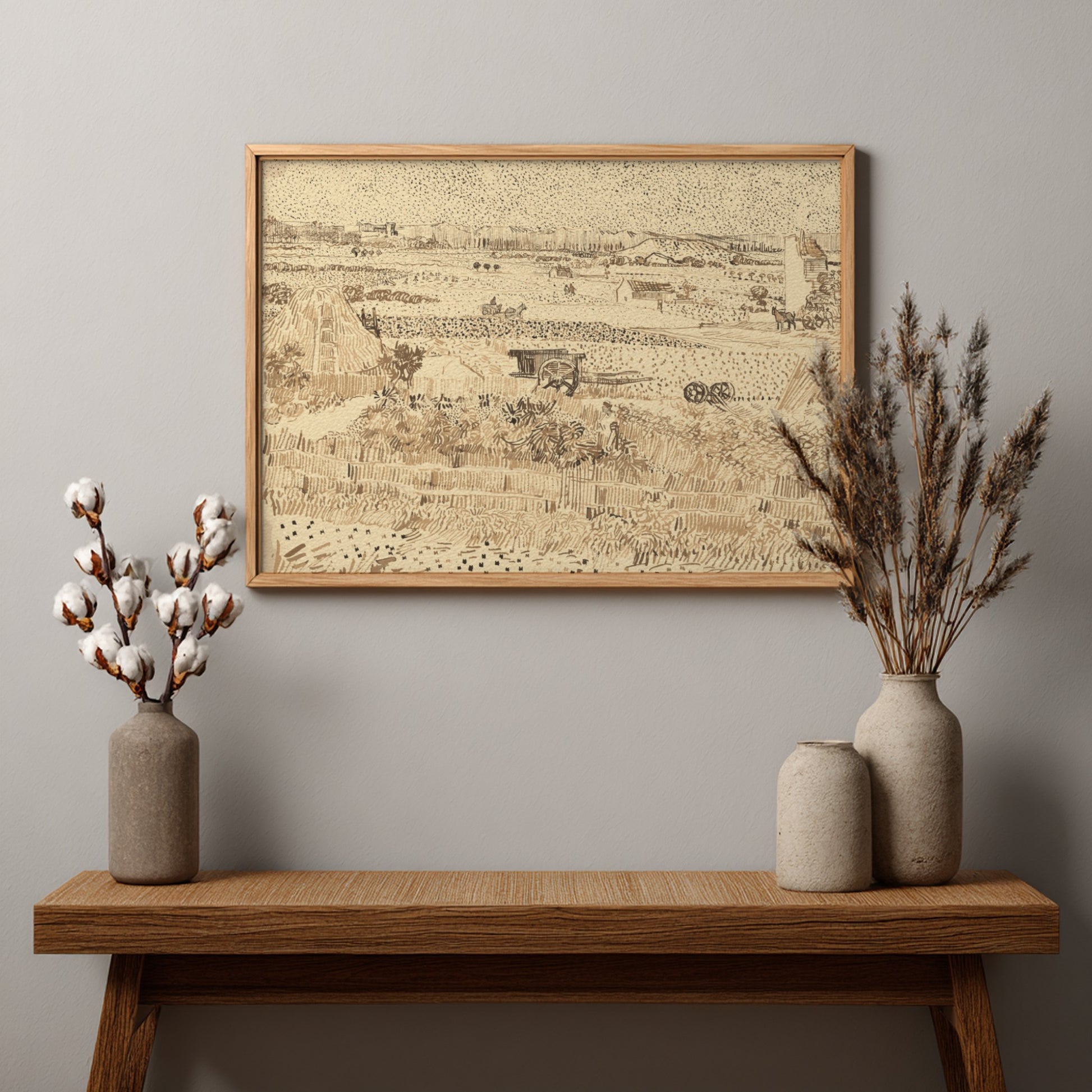 Vincent van Gogh's La Crau from Montmajour drawing, a sepia sketch of a rural landscape with farmhouses and