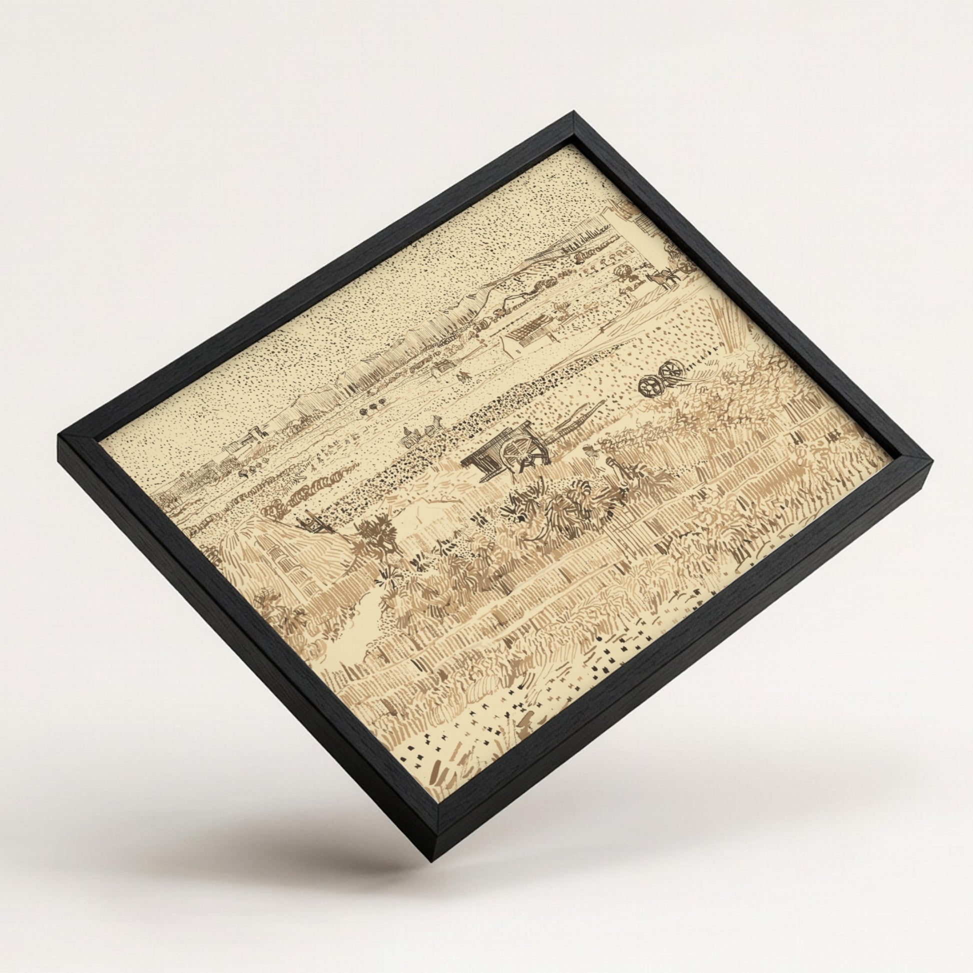 Vincent van Gogh's La Crau from Montmajour drawing, a sepia sketch of a rural landscape with farmhouses and