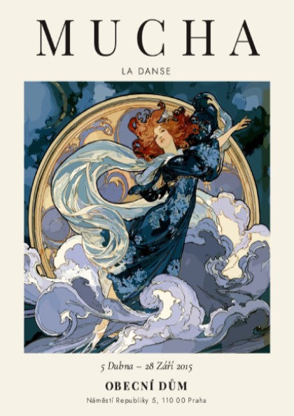 La Danse poster by Alphonse Mucha featuring flowing figure in soft colors