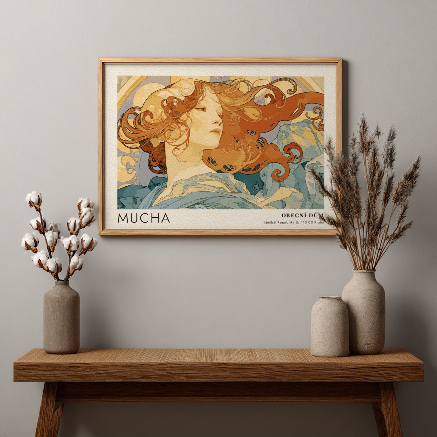 Wall art poster featuring Alphonse Mucha La Danse artwork with flowing hair and blues.