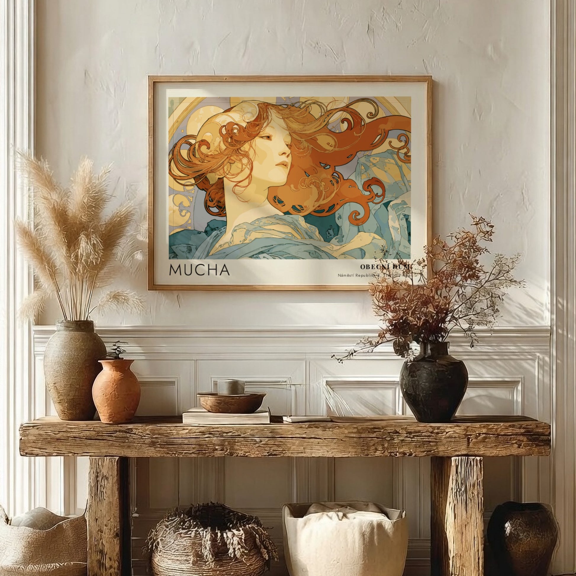 Wall art poster featuring Alphonse Mucha La Danse artwork with flowing hair and blues.