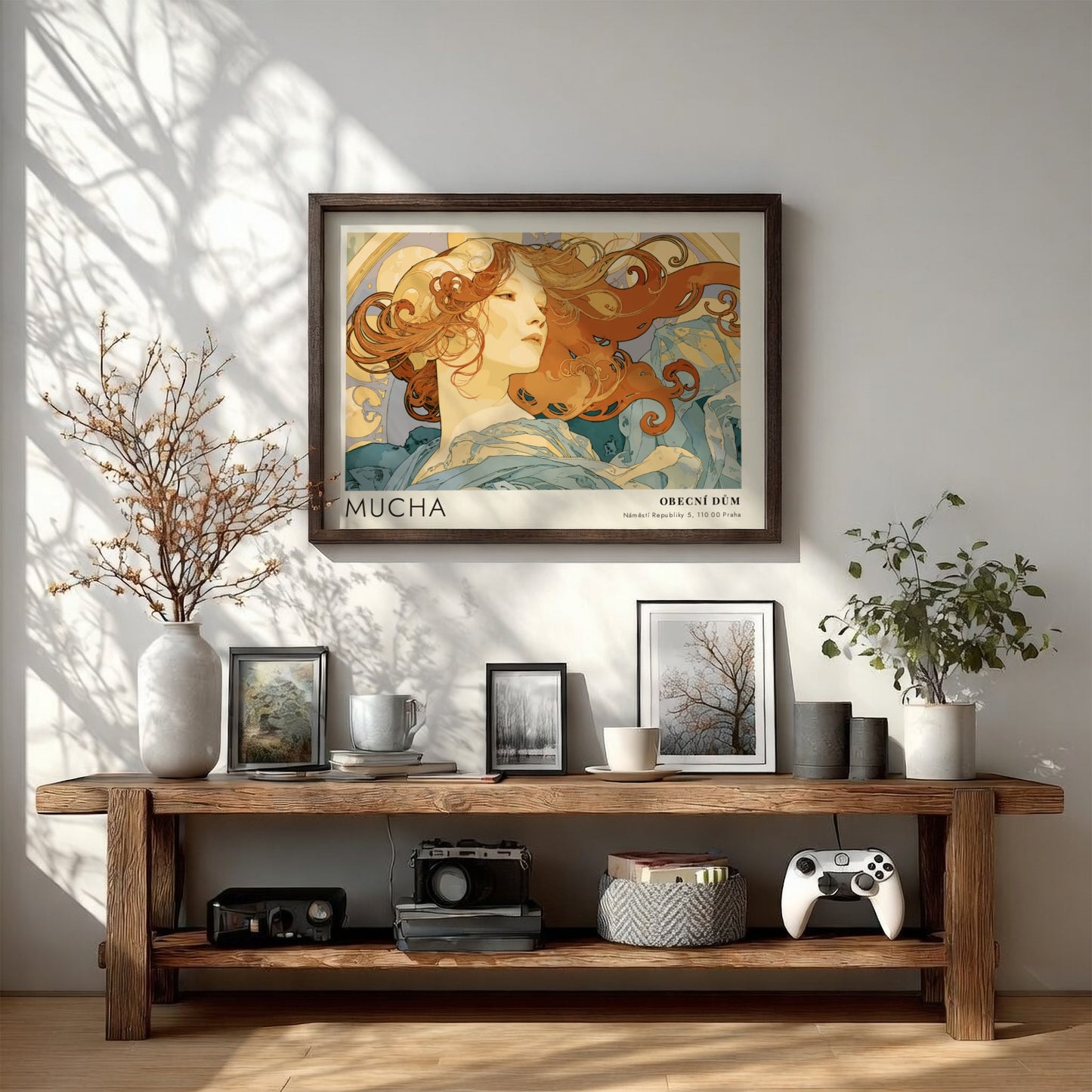 Wall art poster featuring Alphonse Mucha La Danse artwork with flowing hair and blues.