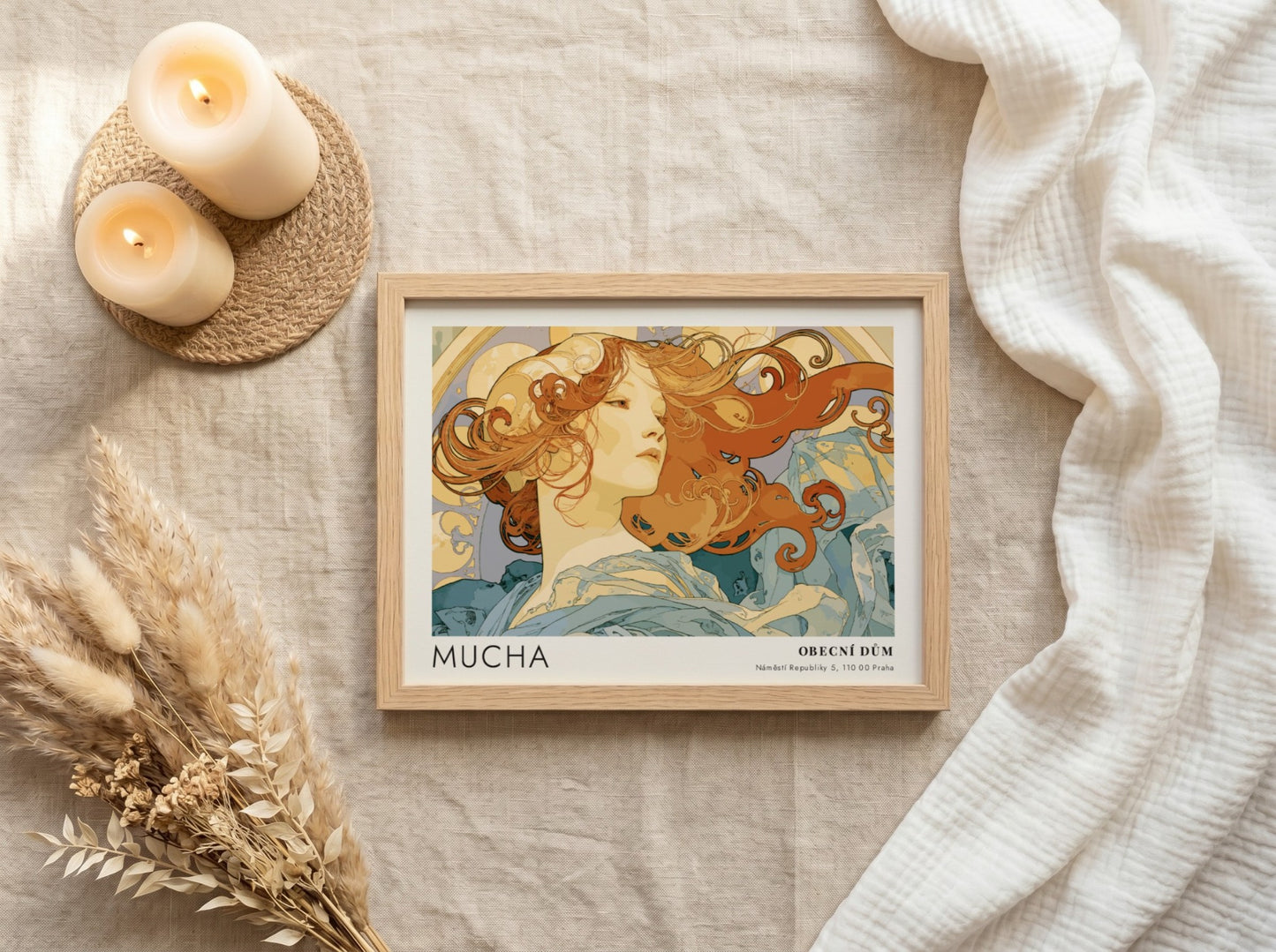 Wall art poster featuring Alphonse Mucha La Danse artwork with flowing hair and blues.