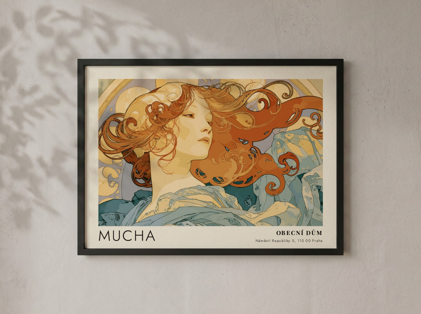 Wall art poster featuring Alphonse Mucha La Danse artwork with flowing hair and blues.