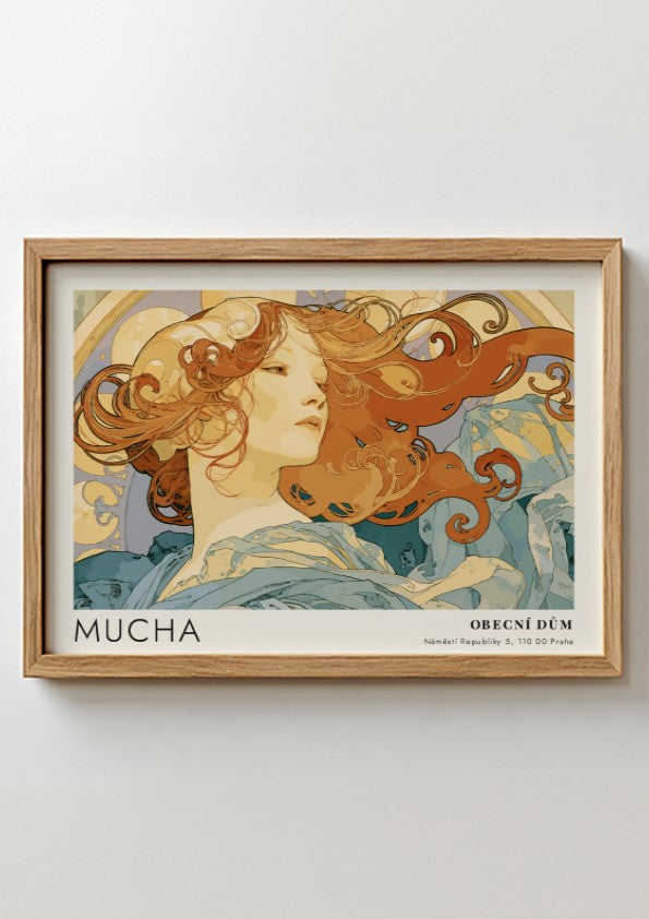 Wall art poster featuring Alphonse Mucha La Danse artwork with flowing hair and blues.