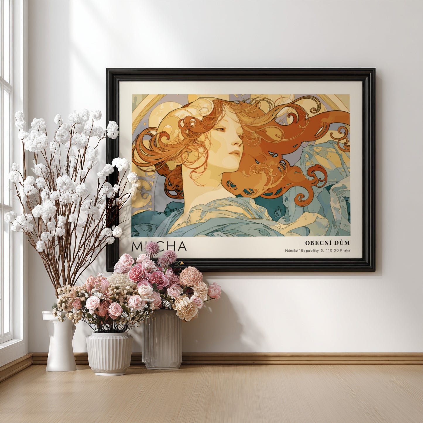 Wall art poster featuring Alphonse Mucha La Danse artwork with flowing hair and blues.