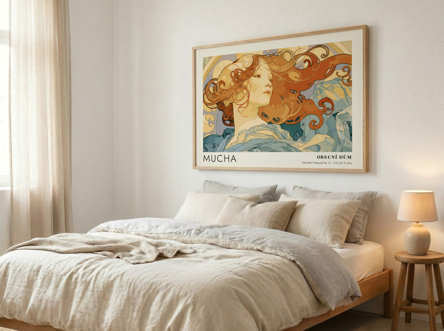Wall art poster featuring Alphonse Mucha La Danse artwork with flowing hair and blues.