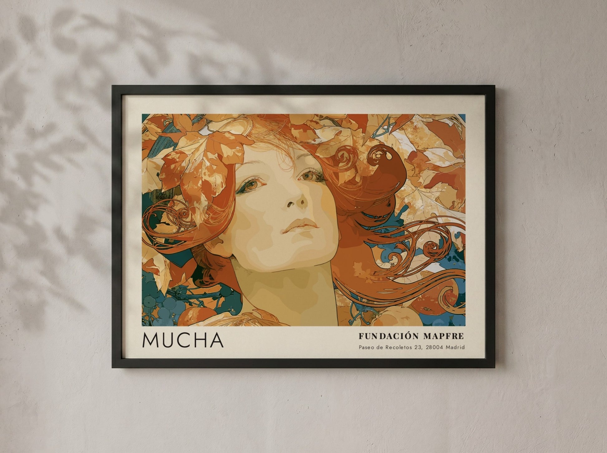 Wall art poster featuring an Alphonse Mucha portrait surrounded by autumn leaves and text