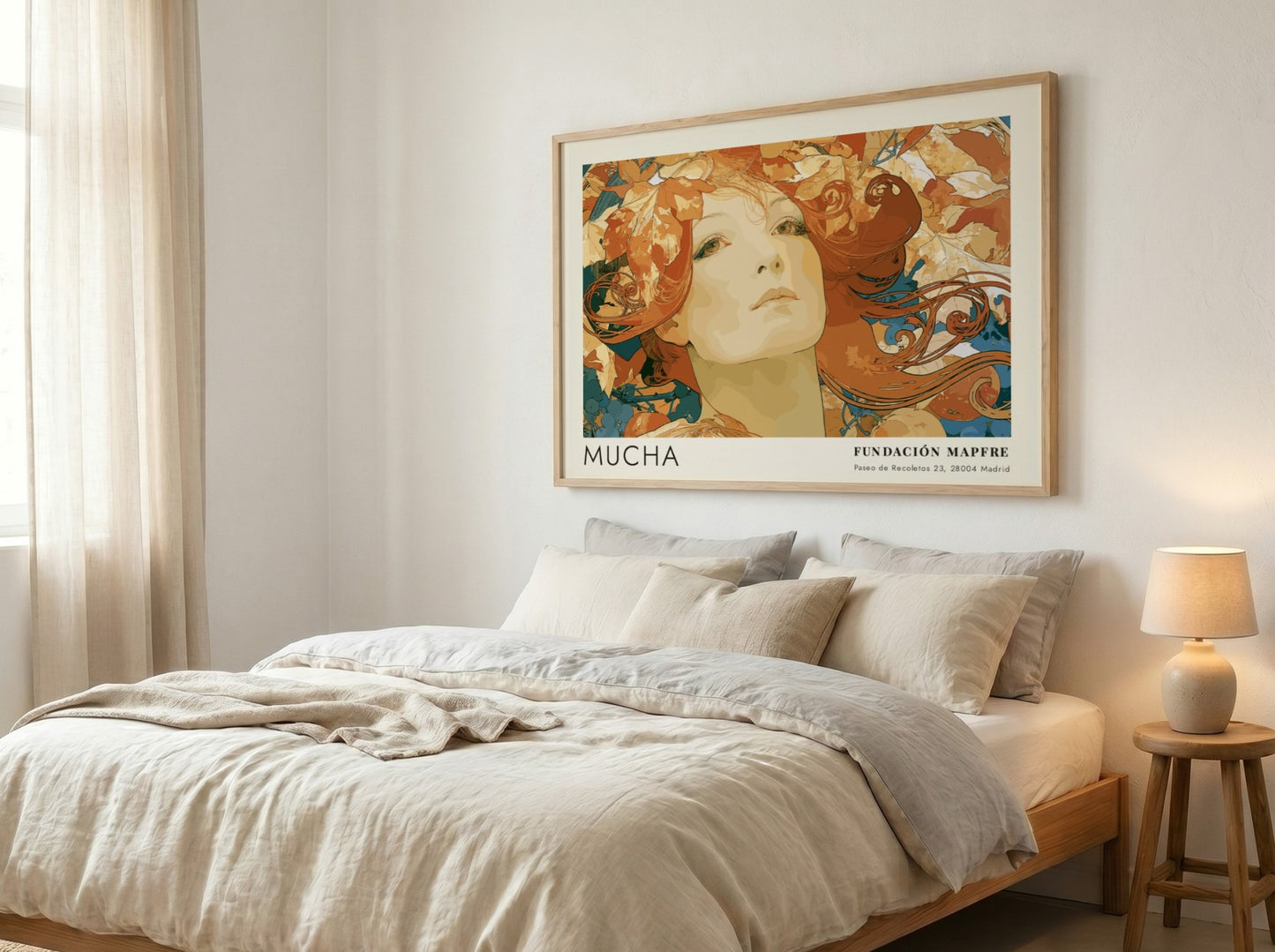Wall art poster featuring an Alphonse Mucha portrait surrounded by autumn leaves and text