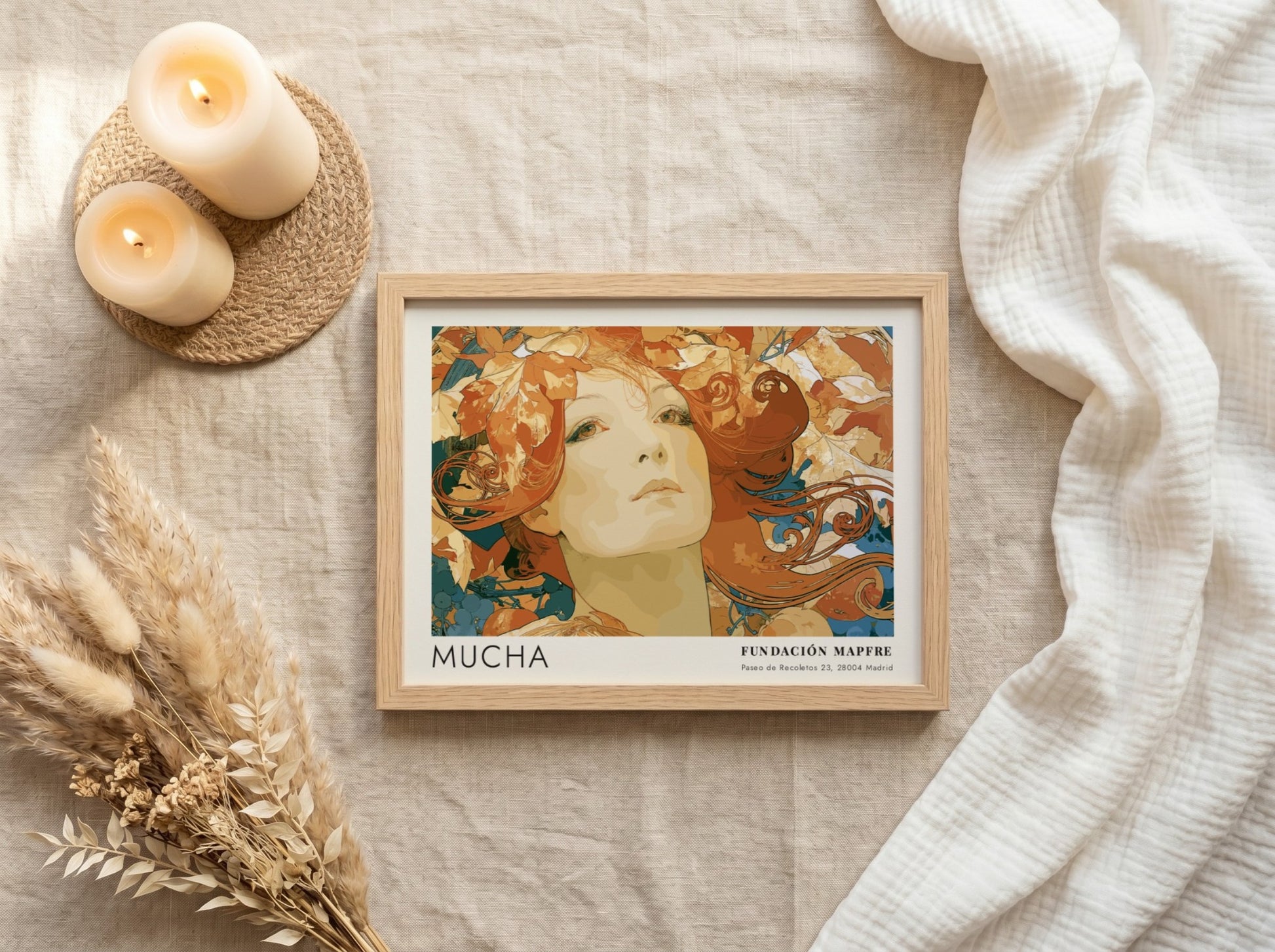 Wall art poster featuring an Alphonse Mucha portrait surrounded by autumn leaves and text