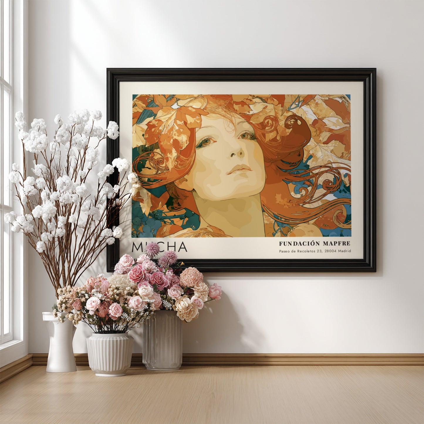 Wall art poster featuring an Alphonse Mucha portrait surrounded by autumn leaves and text