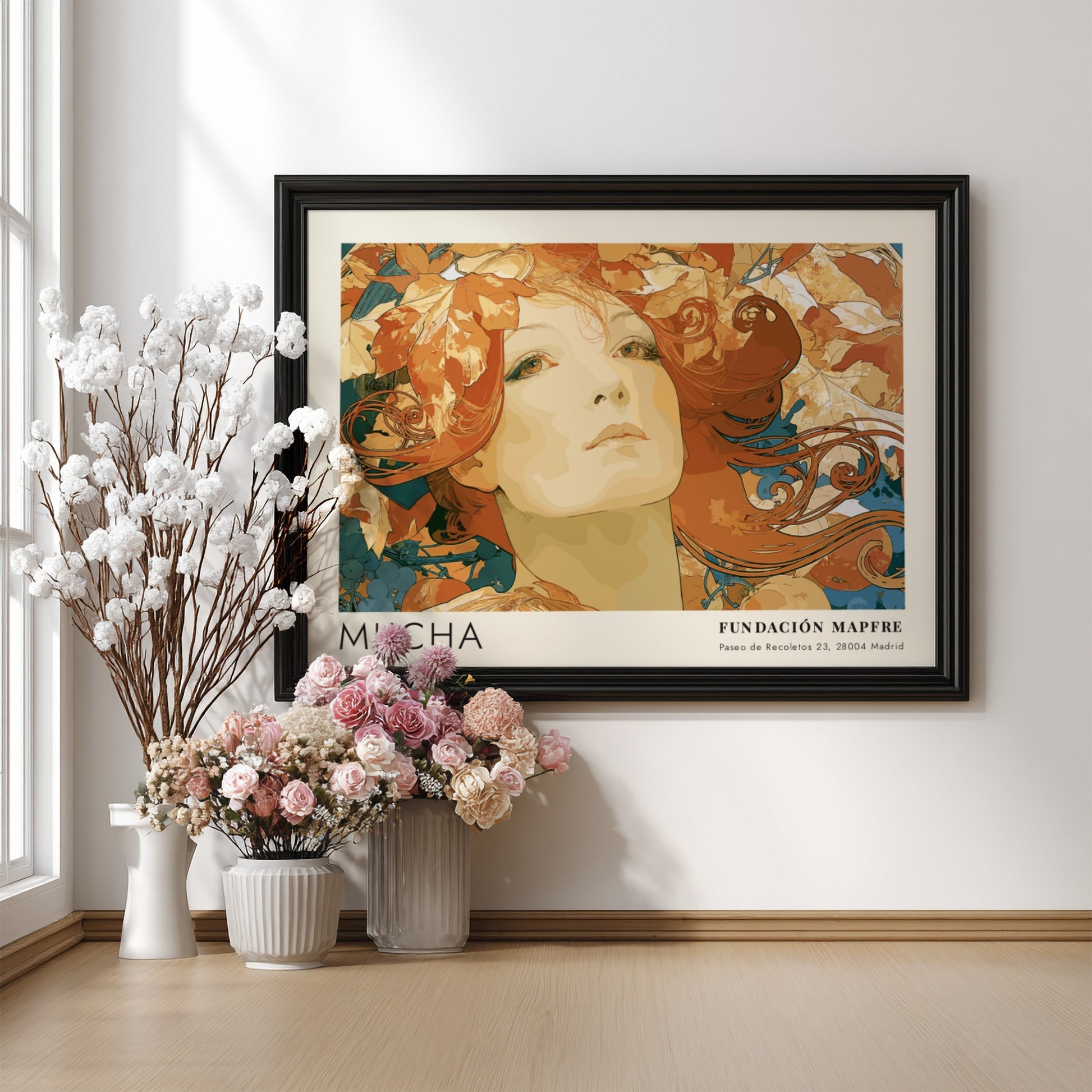 Wall art poster featuring an Alphonse Mucha portrait surrounded by autumn leaves and text