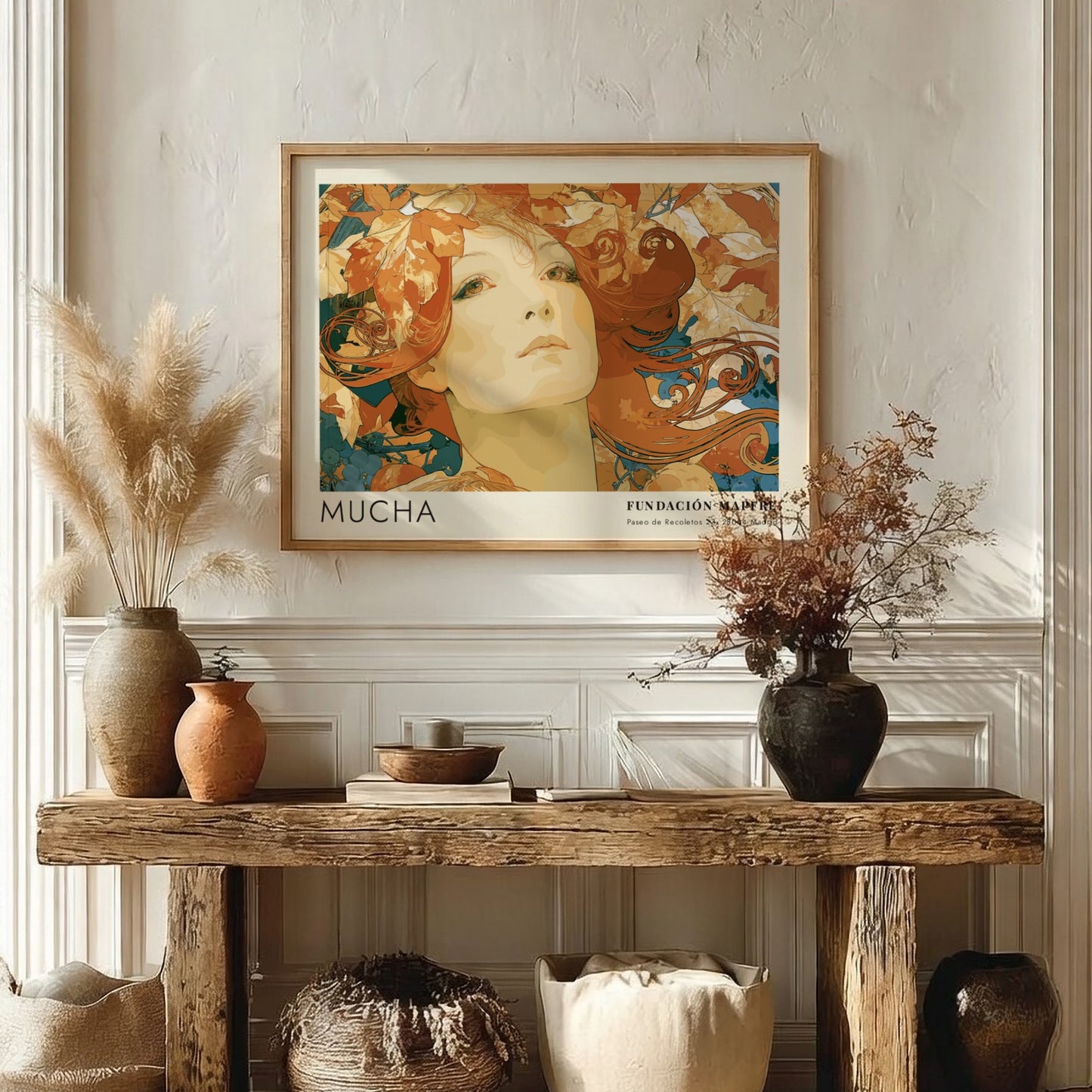Wall art poster featuring an Alphonse Mucha portrait surrounded by autumn leaves and text