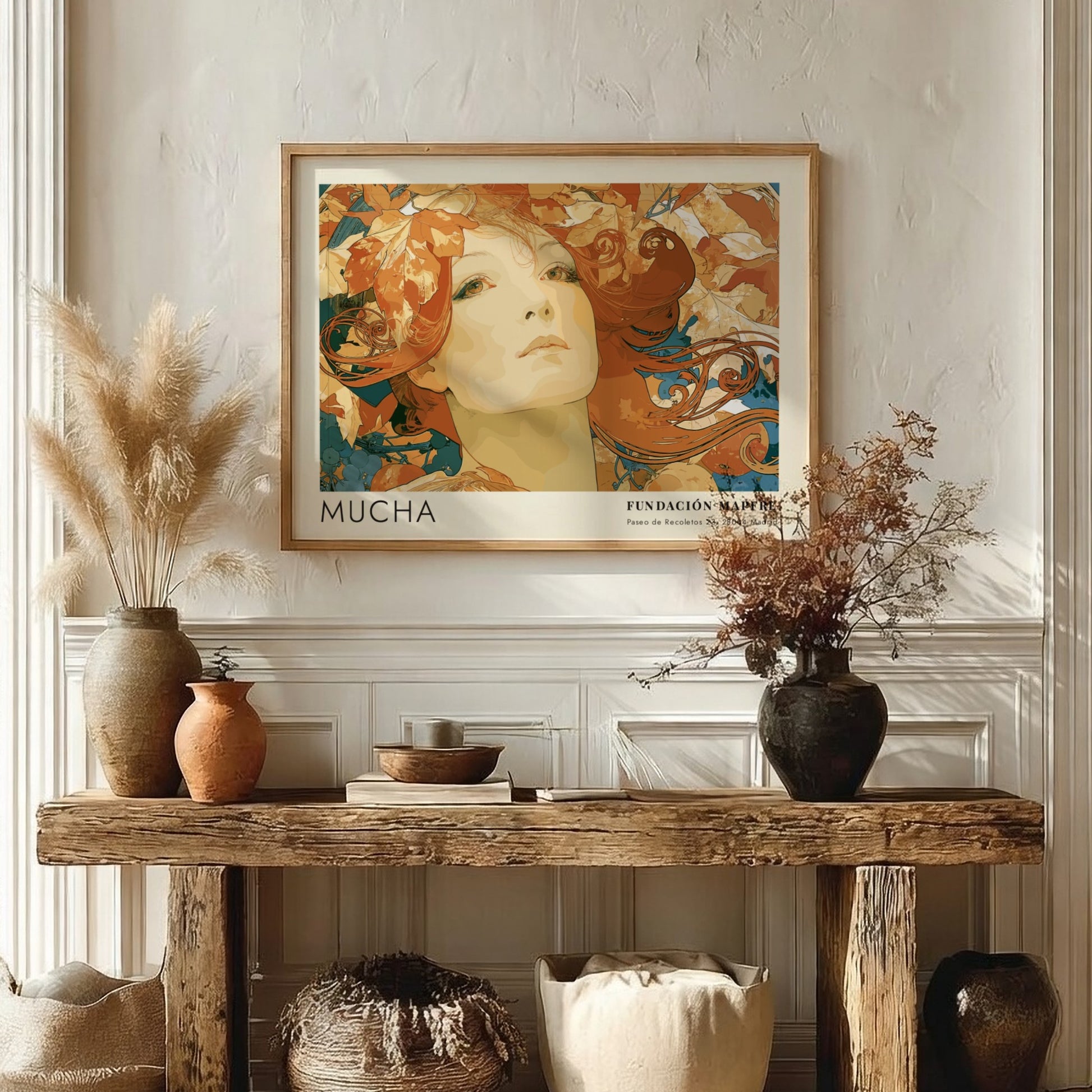 Wall art poster featuring an Alphonse Mucha portrait surrounded by autumn leaves and text