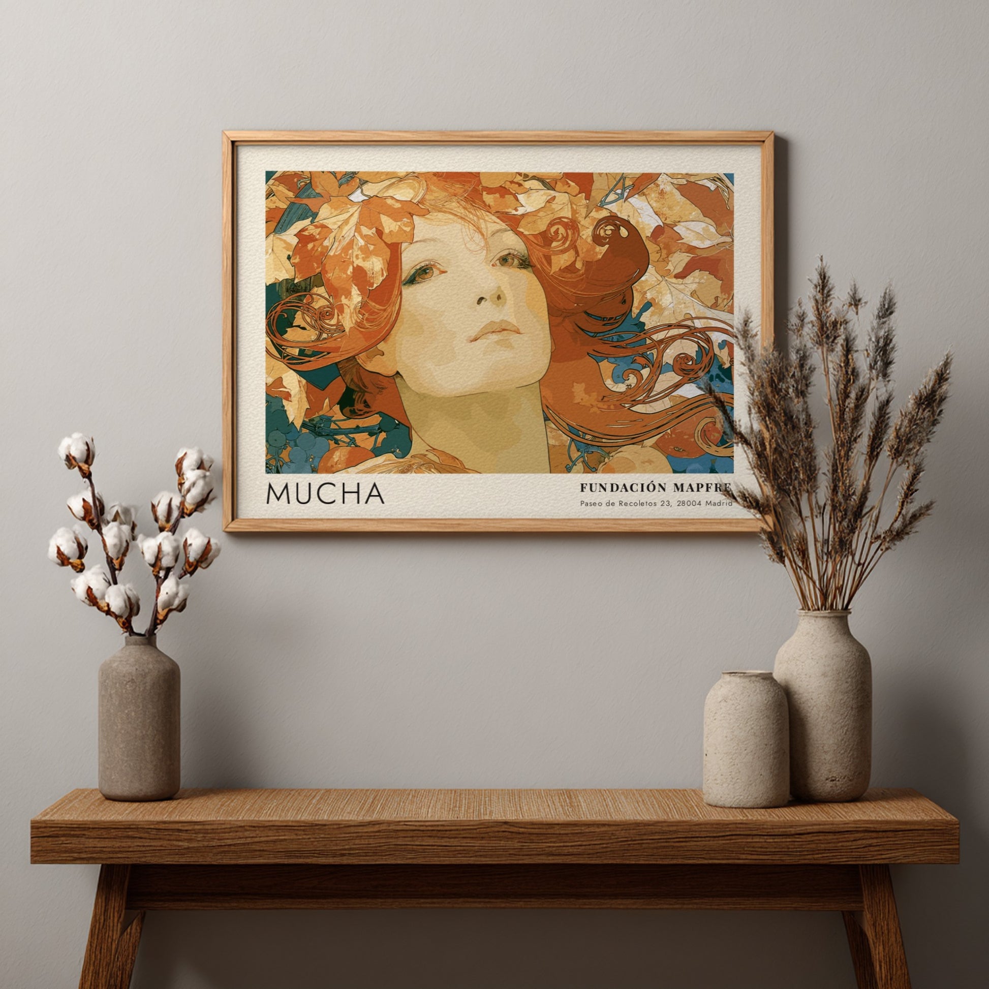 Wall art poster featuring an Alphonse Mucha portrait surrounded by autumn leaves and text