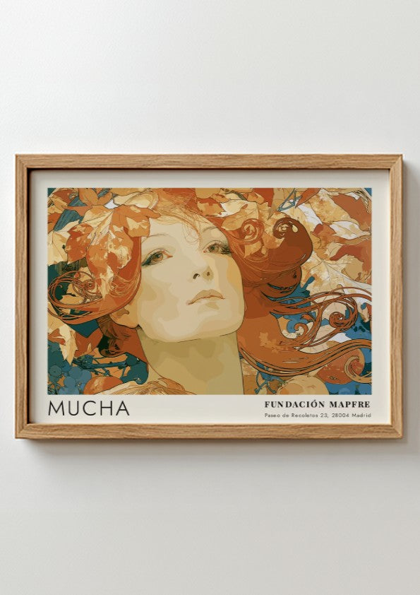 Wall art poster featuring an Alphonse Mucha portrait surrounded by autumn leaves and text