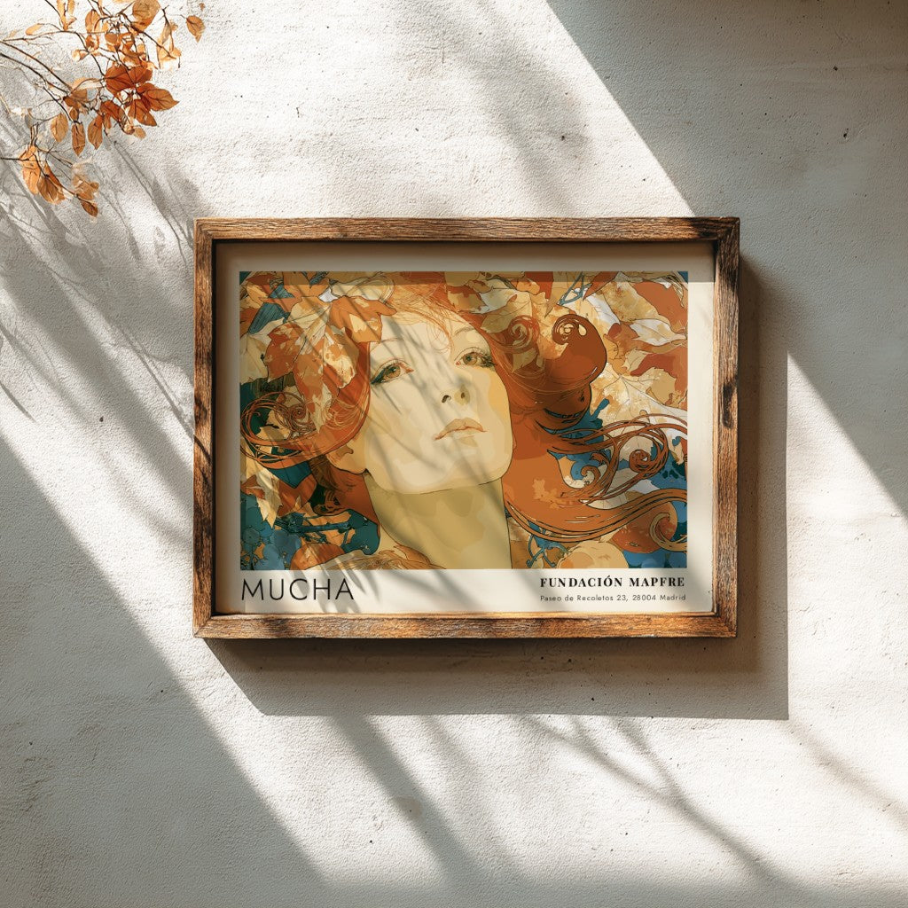 Wall art poster featuring an Alphonse Mucha portrait surrounded by autumn leaves and text