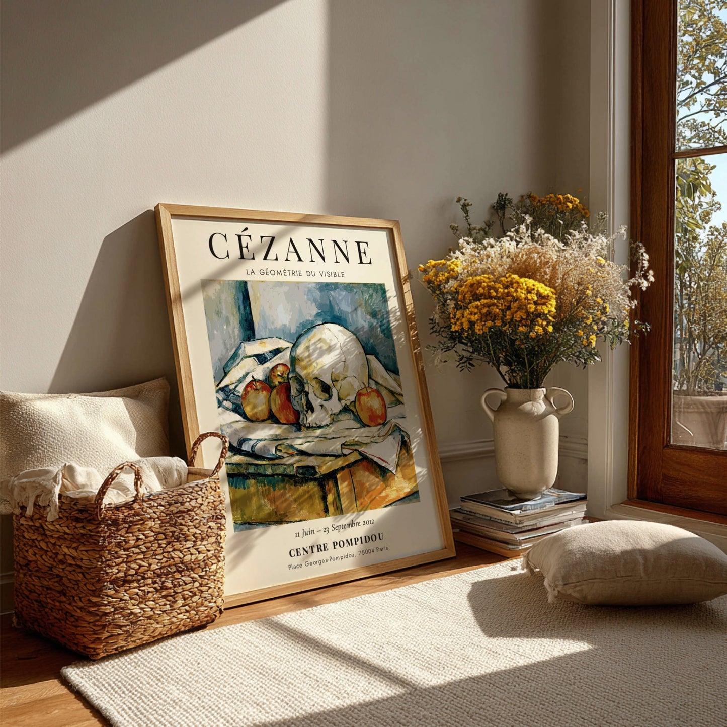 Cézanne Exhibition Posters featuring La Géométrie du Visible, showcasing a skull and apples in earthy tones