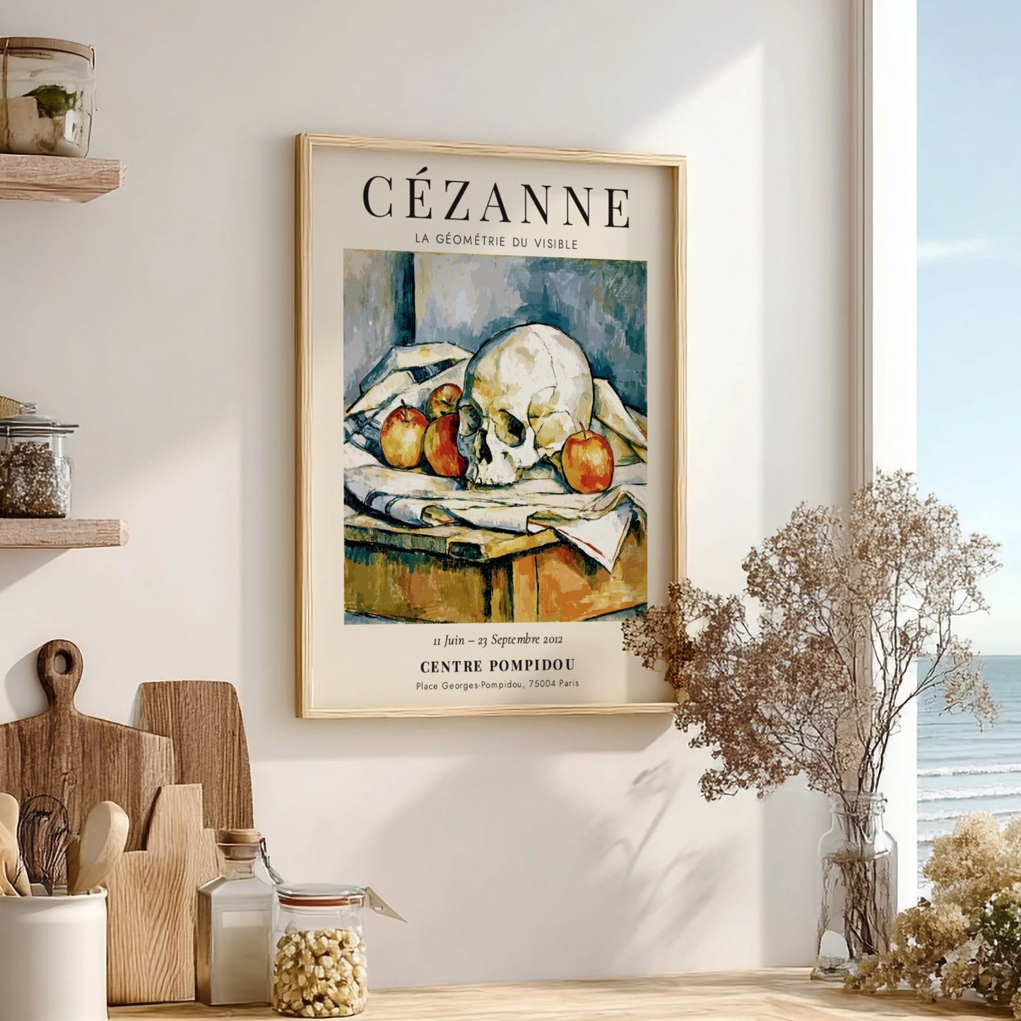 Cézanne Exhibition Posters featuring La Géométrie du Visible, showcasing a skull and apples in earthy tones