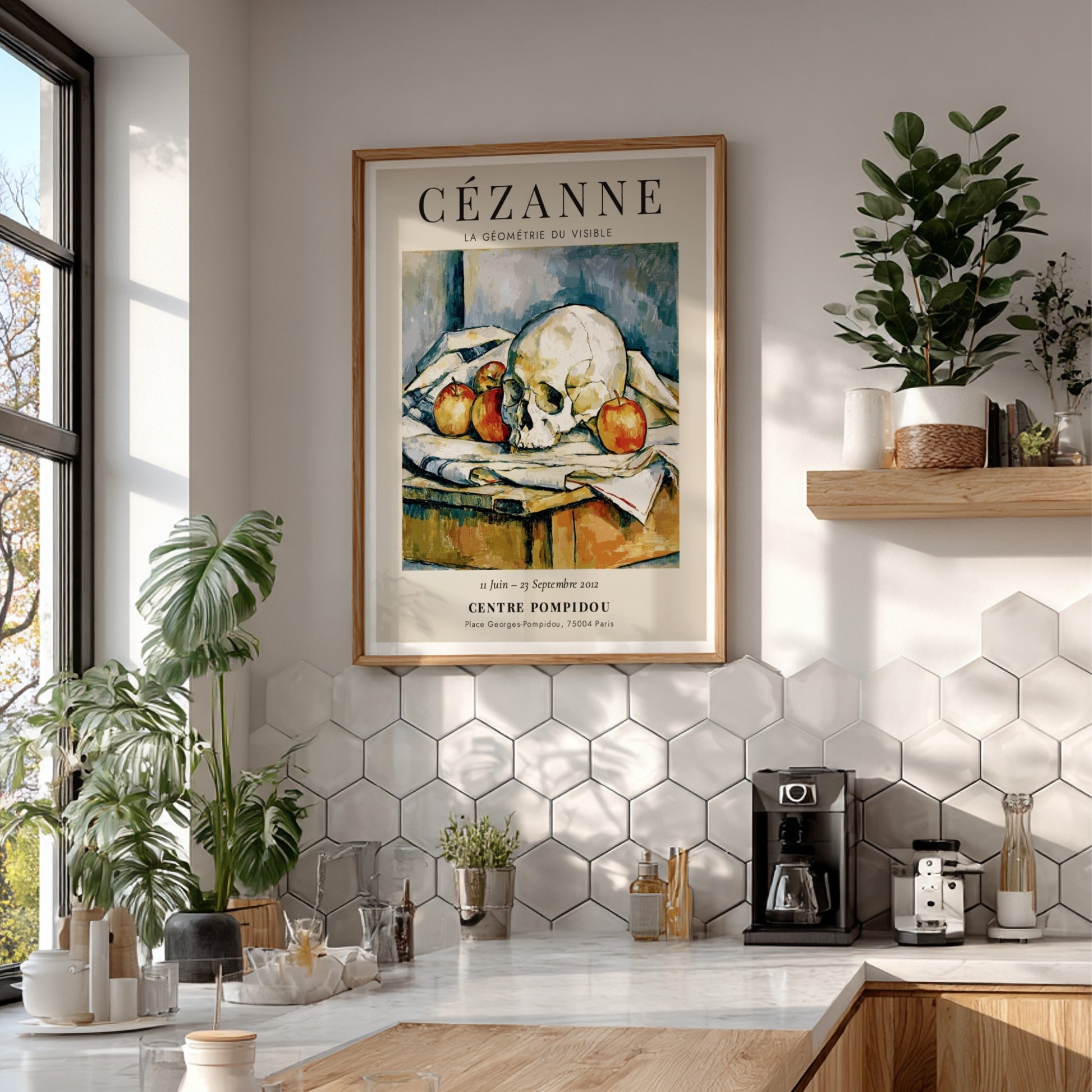Cézanne Exhibition Posters featuring La Géométrie du Visible, showcasing a skull and apples in earthy tones
