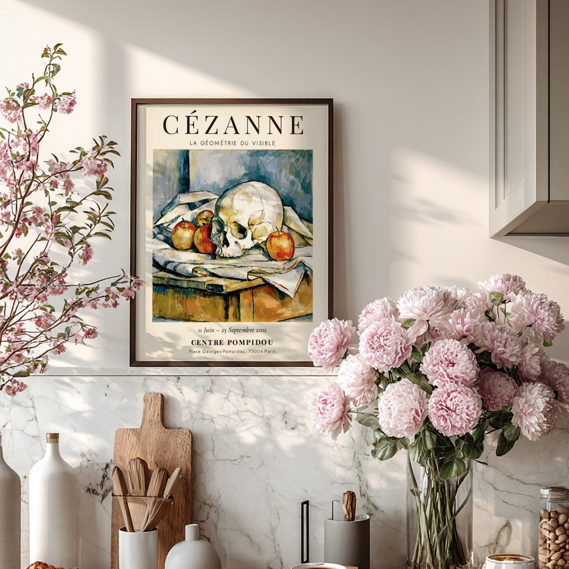 Cézanne Exhibition Posters featuring La Géométrie du Visible, showcasing a skull and apples in earthy tones