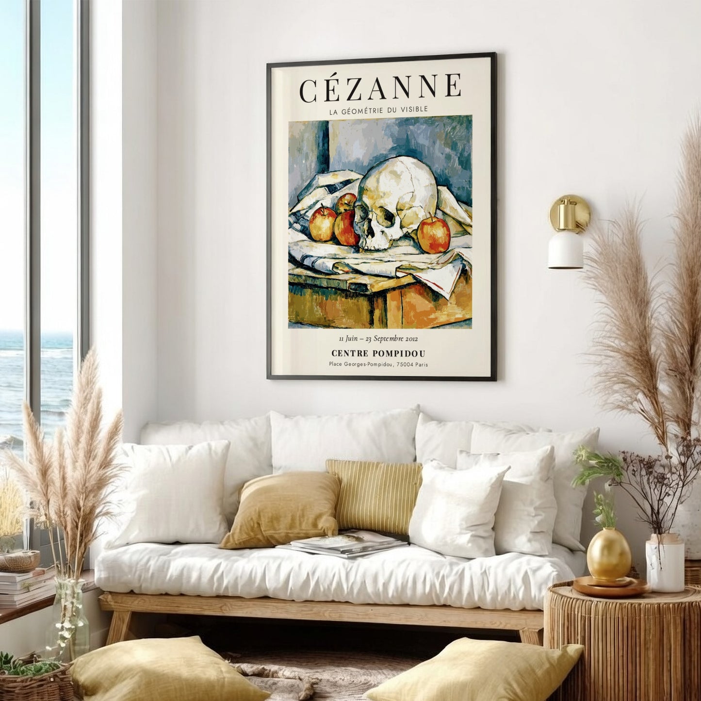 Cézanne Exhibition Posters featuring La Géométrie du Visible, showcasing a skull and apples in earthy tones