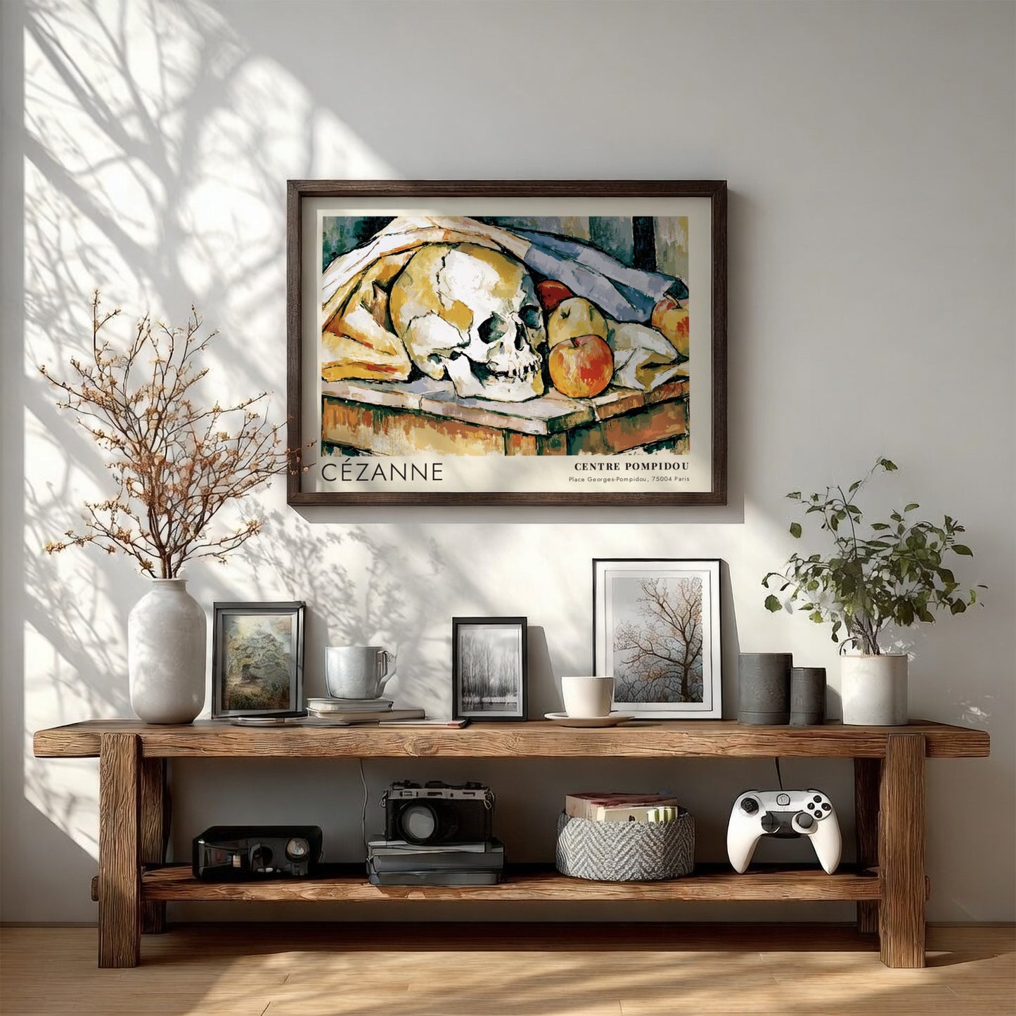 Wall art poster featuring a Cézanne still life painting with a skull and apples