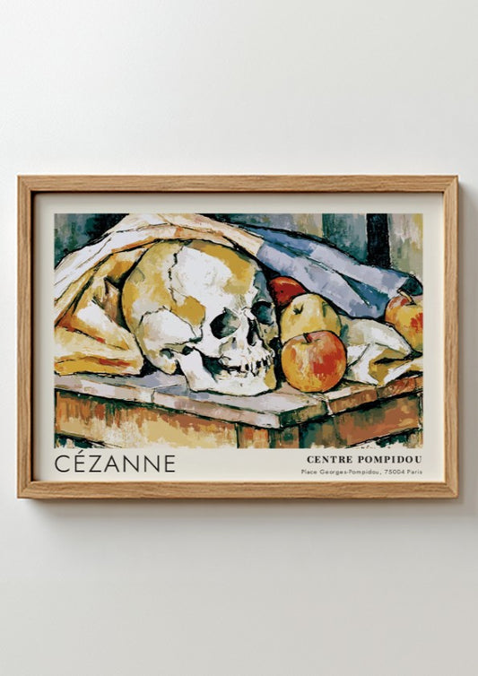 Wall art poster featuring a Cézanne still life painting with a skull and apples
