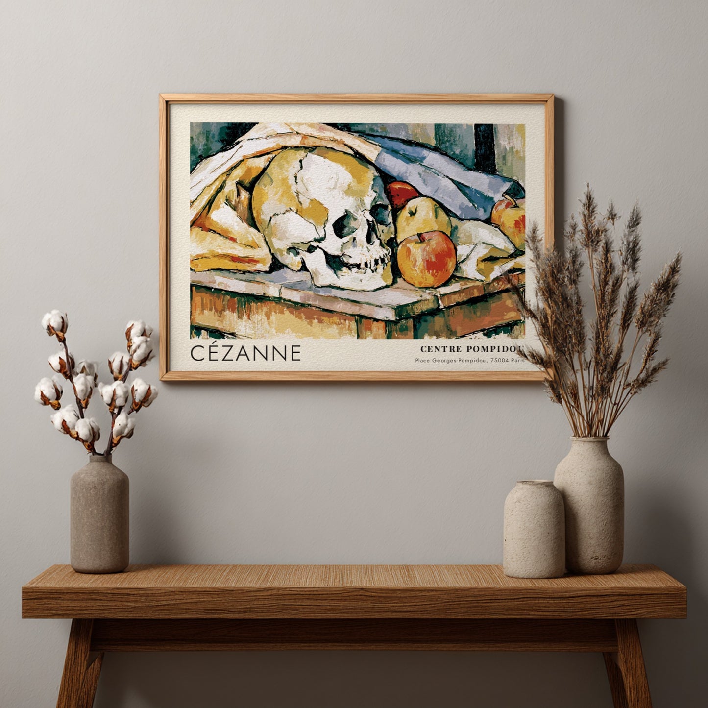 Wall art poster featuring a Cézanne still life painting with a skull and apples
