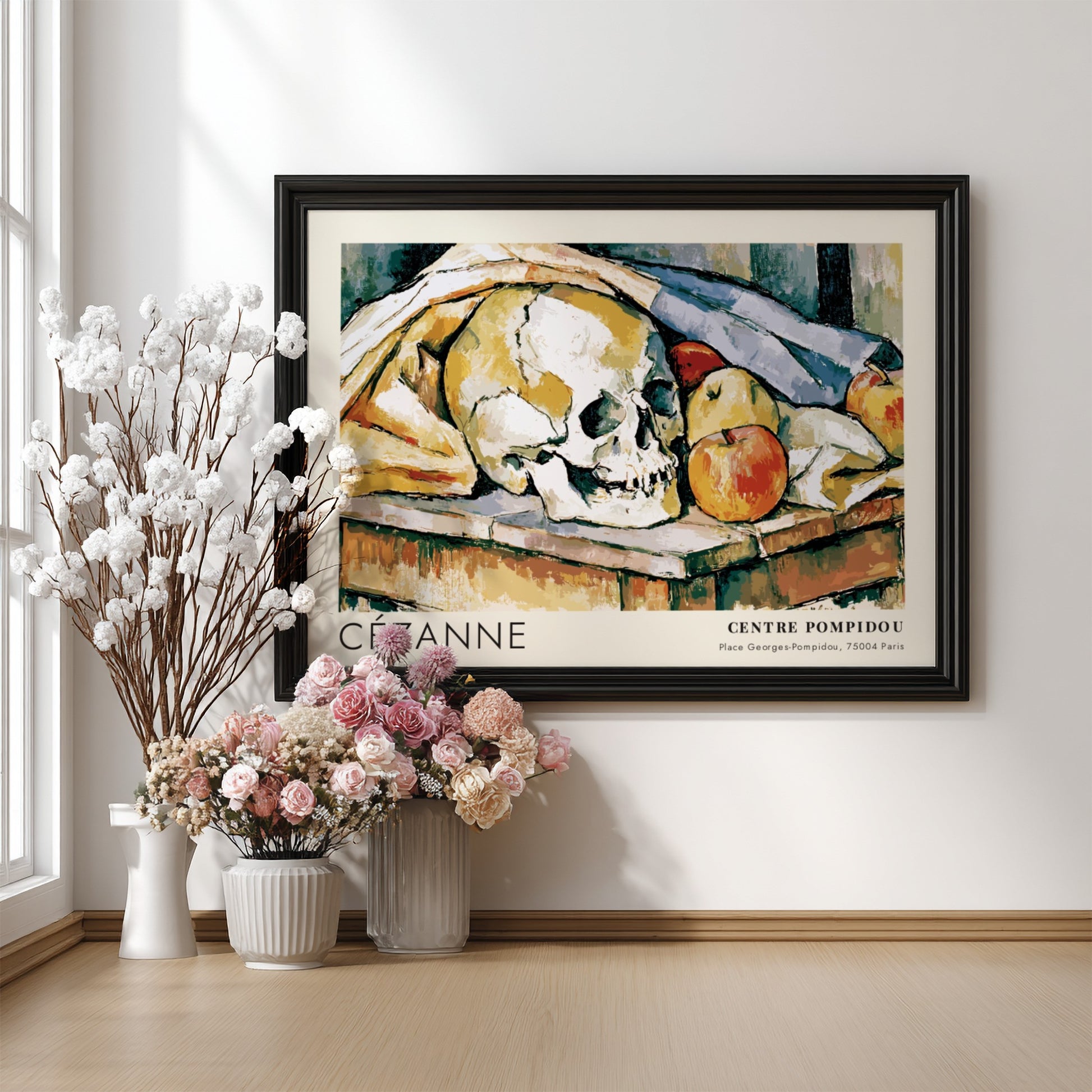 Wall art poster featuring a Cézanne still life painting with a skull and apples