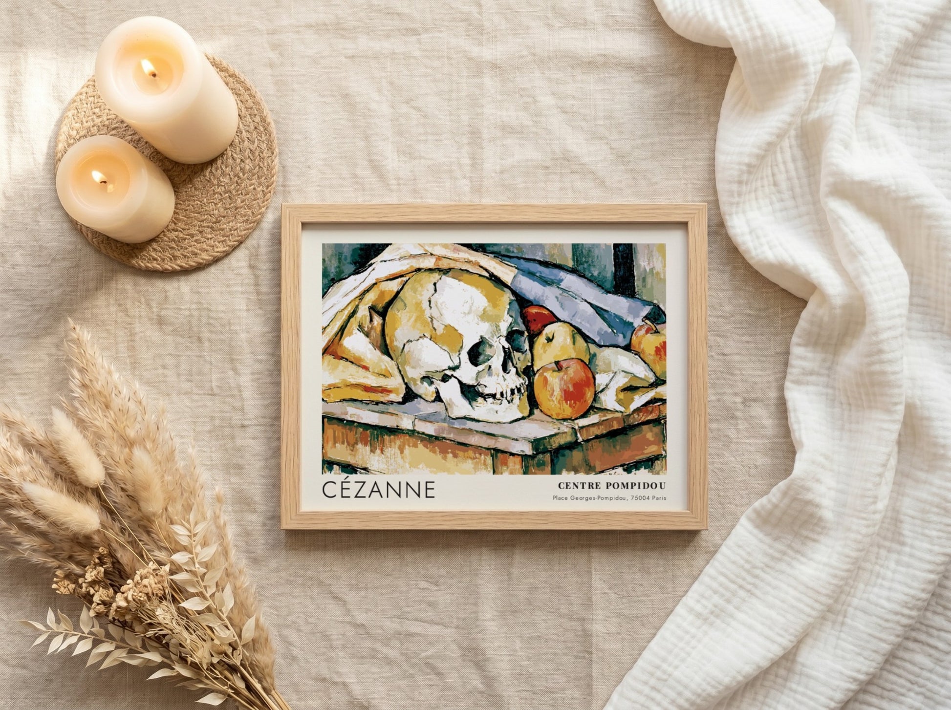 Wall art poster featuring a Cézanne still life painting with a skull and apples