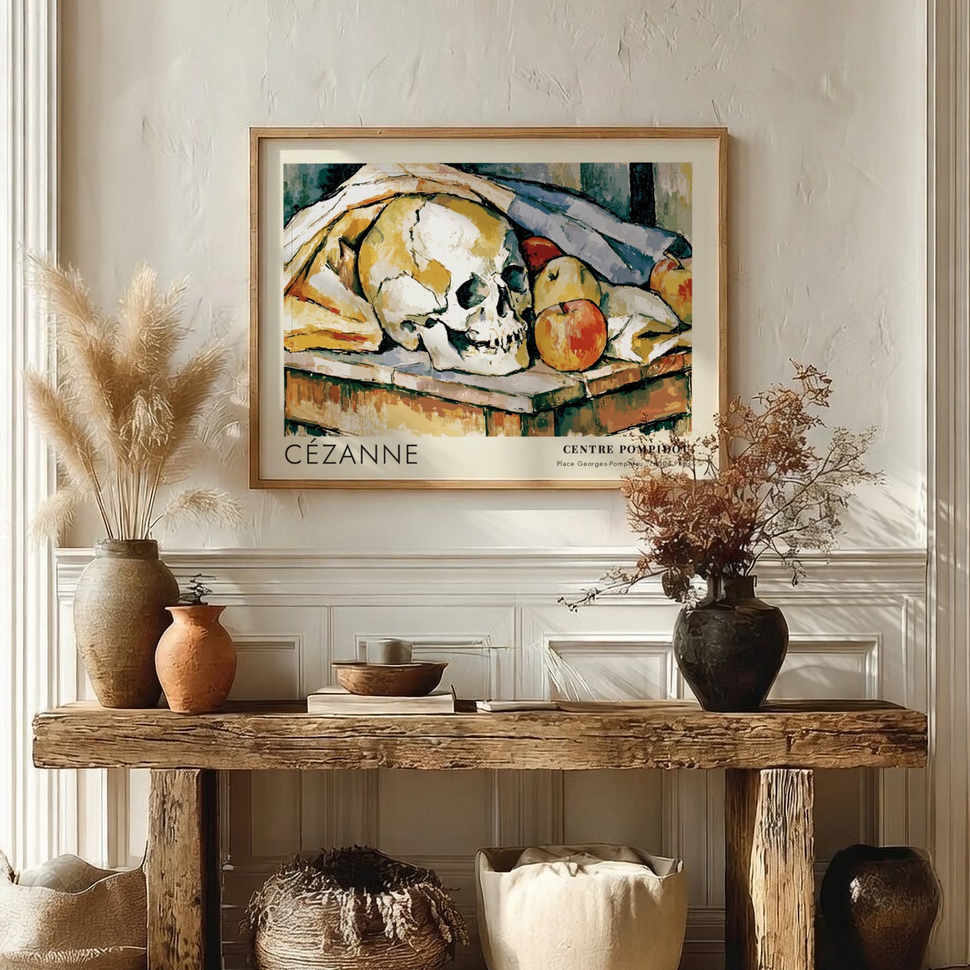 Wall art poster featuring a Cézanne still life painting with a skull and apples