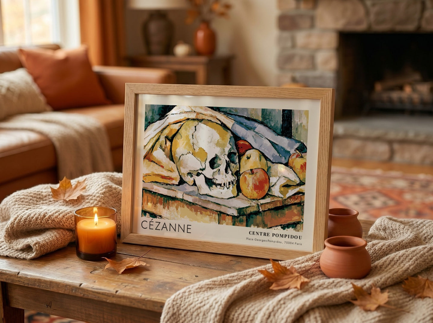 Wall art poster featuring a Cézanne still life painting with a skull and apples
