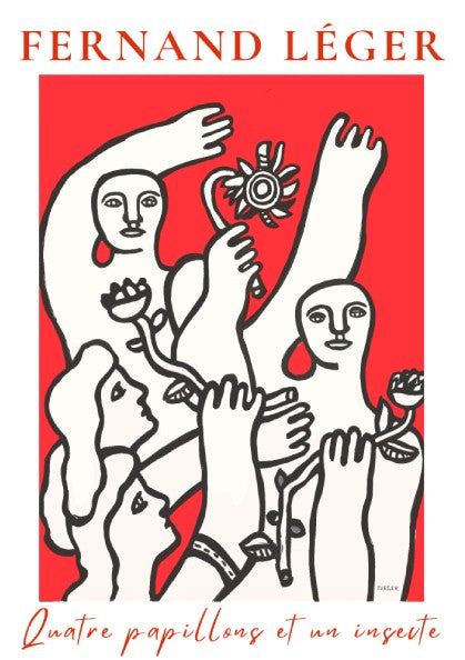 Poster of Fernand Léger's 'Quatre papillons et un insecte' in red and white modernist style.