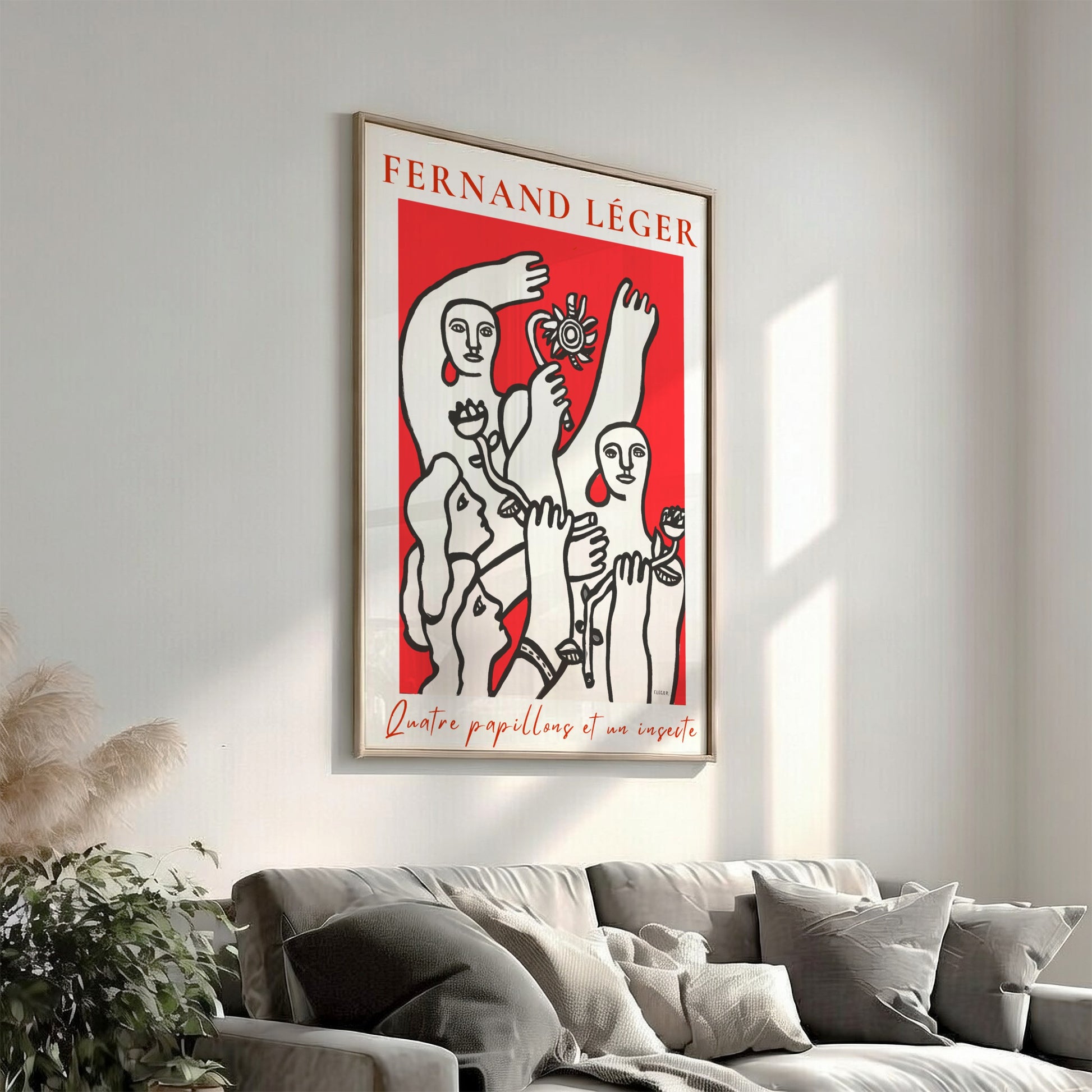 Poster of Fernand Léger's 'Quatre papillons et un insecte' in red and white modernist style.