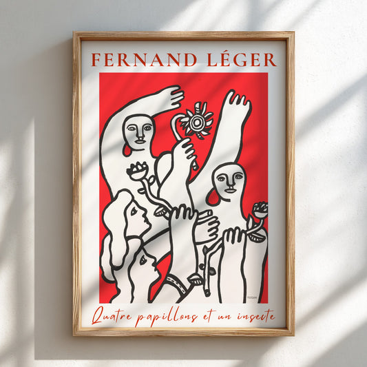 Poster of Fernand Léger's 'Quatre papillons et un insecte' in red and white modernist style.