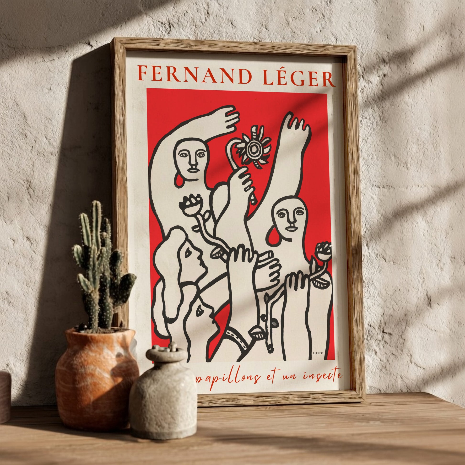 Poster of Fernand Léger's 'Quatre papillons et un insecte' in red and white modernist style.